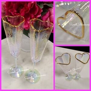 2 Heart Shape Gold Rimmed iridescent Champagne Flute Glasses Wedding Valentines